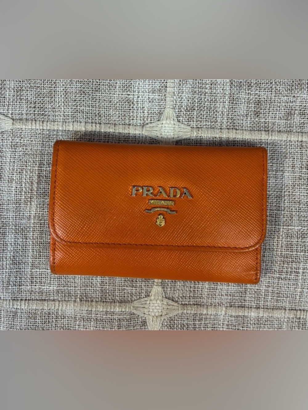 Authentic Prada Orange Saffiano Leather Compact Key Case Wallet Gold Logo